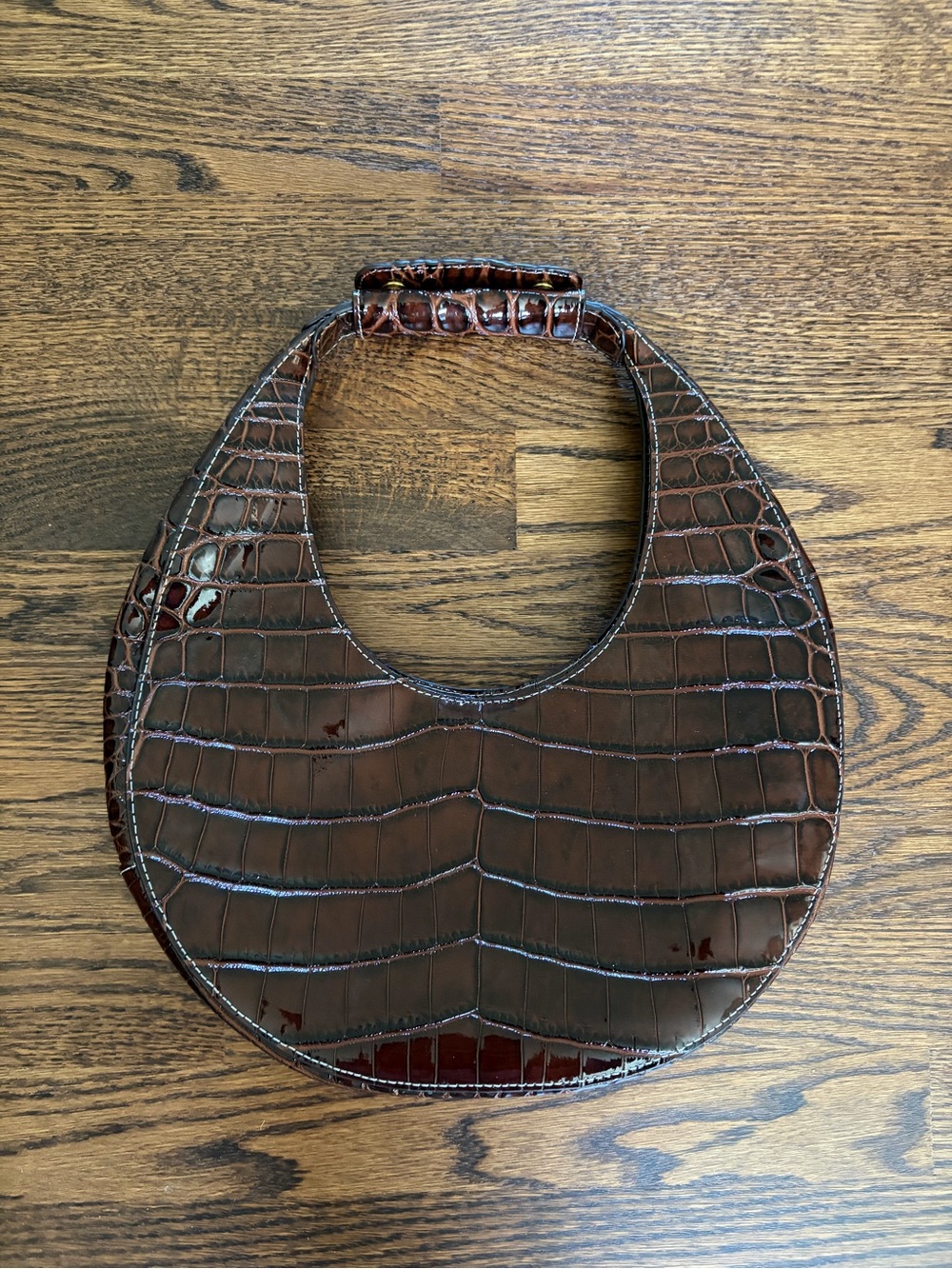 STAUD Croc-Embossed Crescent Top Handle Bag in Dark Brown